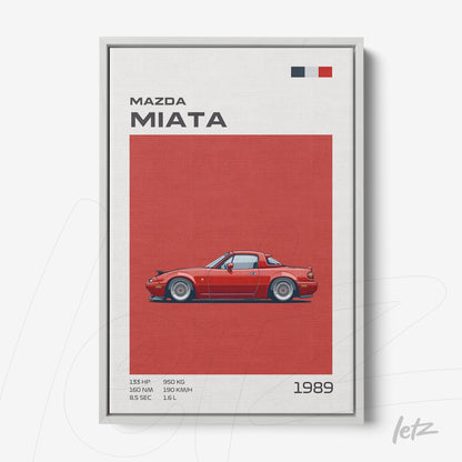 quadro com ilustração do carro Mazda Miata de 1989 em moldura prata, fundo vermelho e informações detalhadas ao lado