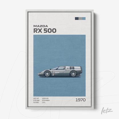 quadro com arte digital do carro Mazda RX 500 em fundo azul, moldura prata