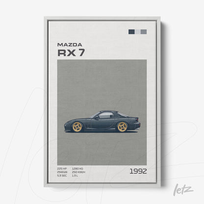 quadro em canvas com ilustração estilizada do carro Mazda RX-7 de 1992, fundo cinza e moldura branca