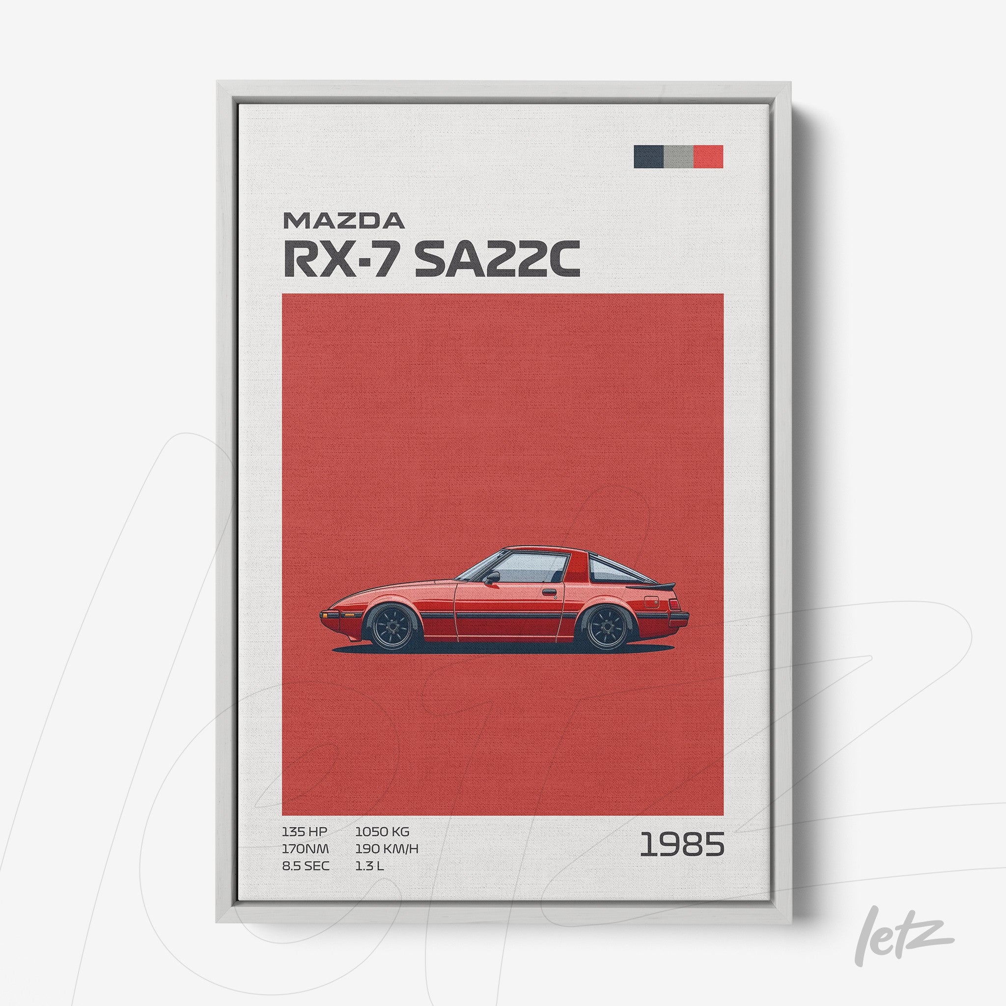quadro com ilustração estilizada do carro Mazda RX-7 SA22C em fundo vermelho e moldura prata