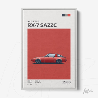 quadro com ilustração estilizada do carro Mazda RX-7 SA22C em fundo vermelho e moldura prata