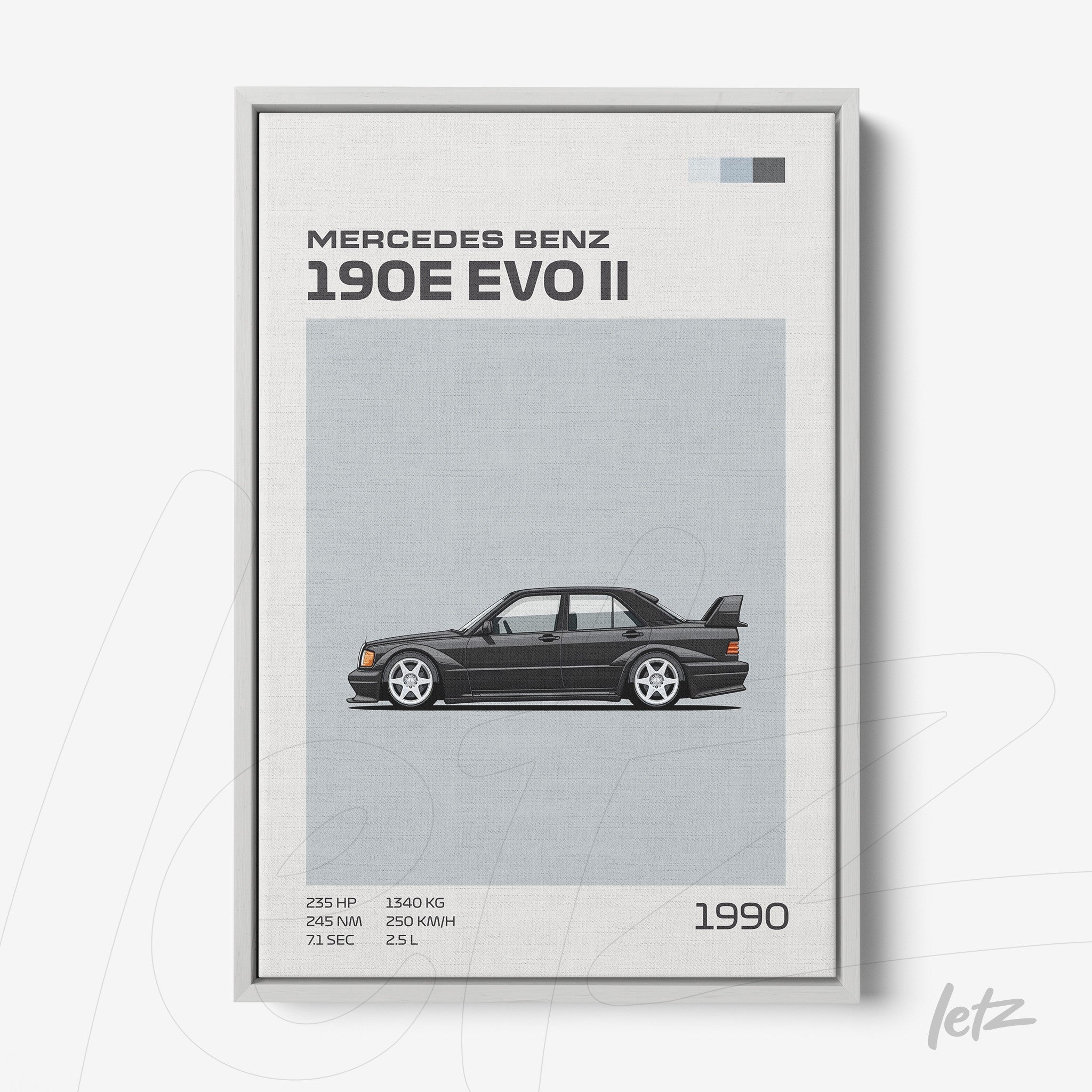 quadro com ilustração em estilo vintage do carro Mercedes Benz 190E EVO II em moldura cinza clara