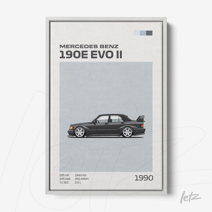 quadro com ilustração em estilo vintage do carro Mercedes Benz 190E EVO II em moldura cinza clara