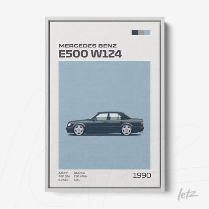 quadro com ilustração do carro Mercedes Benz E500 W124 em fundo azul, moldura clara