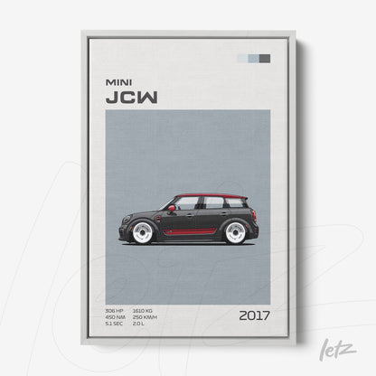 quadro com ilustração digital de um carro Mini John Cooper Works em moldura cinza