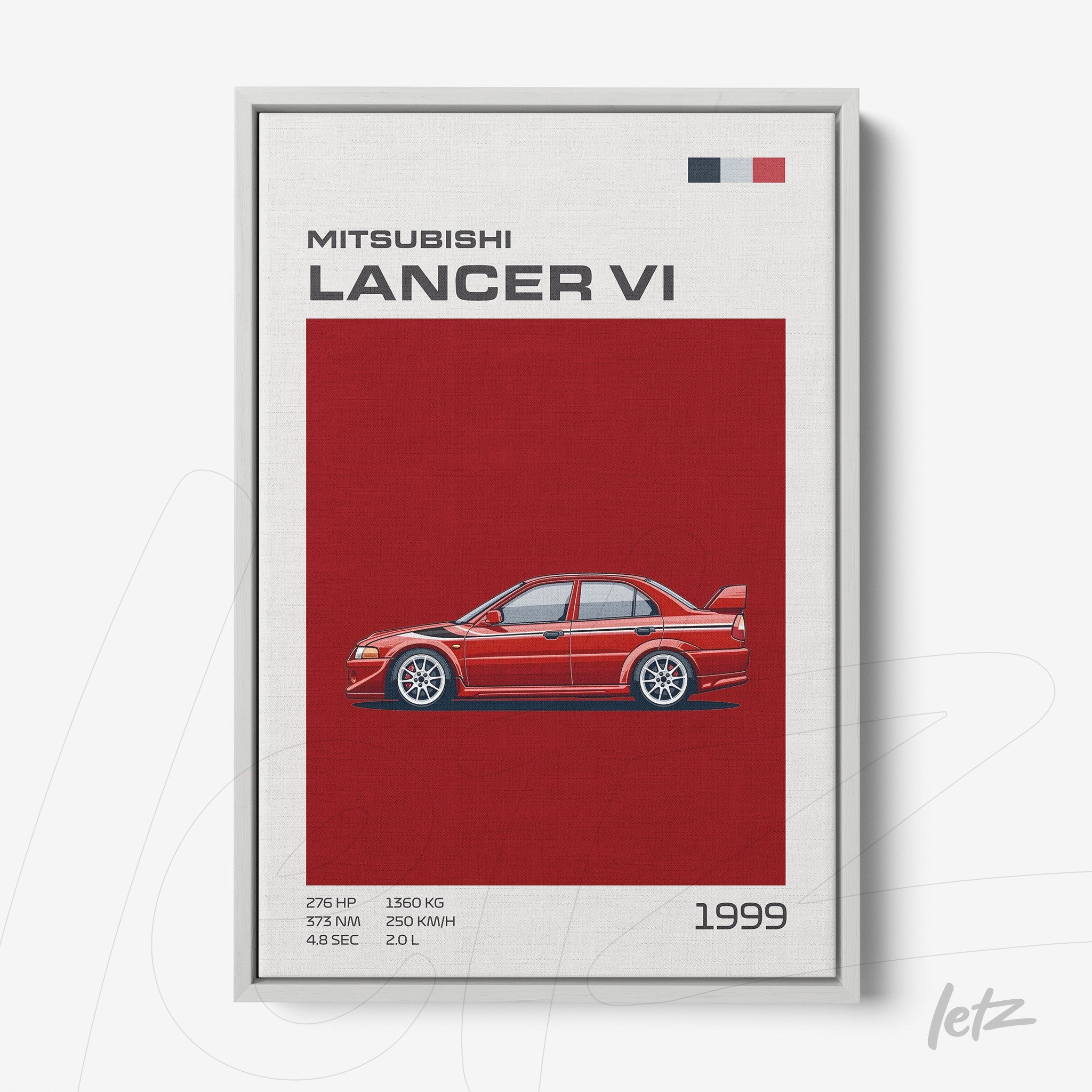 quadro com arte digital do carro Mitsubishi Lancer VI em fundo vermelho, com detalhes técnicos na parte inferior