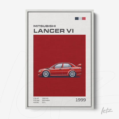 quadro com arte digital do carro Mitsubishi Lancer VI em fundo vermelho, com detalhes técnicos na parte inferior
