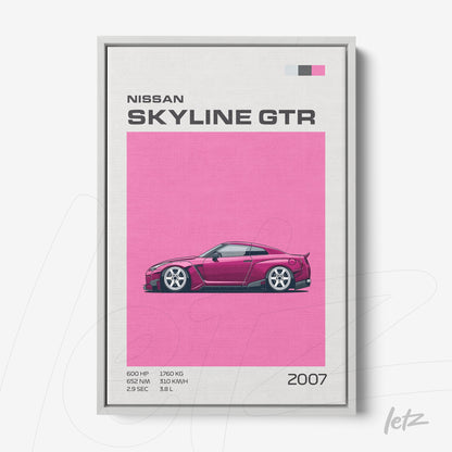 quadro com arte estilizada do carro Nissan Skyline GTR em fundo rosa vibrante e moldura cinza