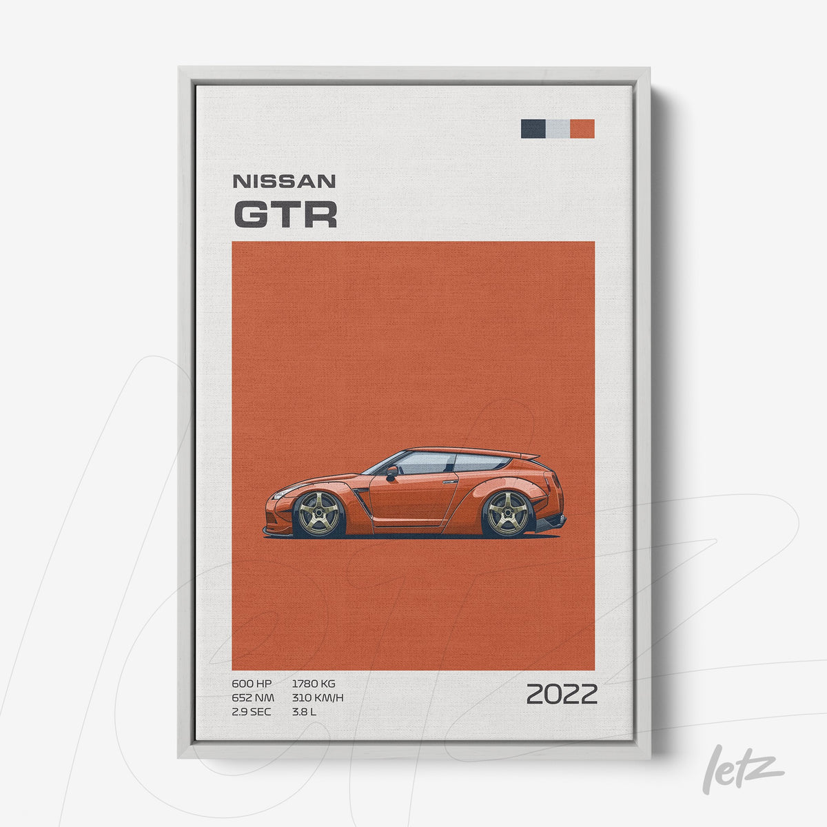 quadro com arte digital de um carro Nissan GTR em fundo vermelho e moldura prateada