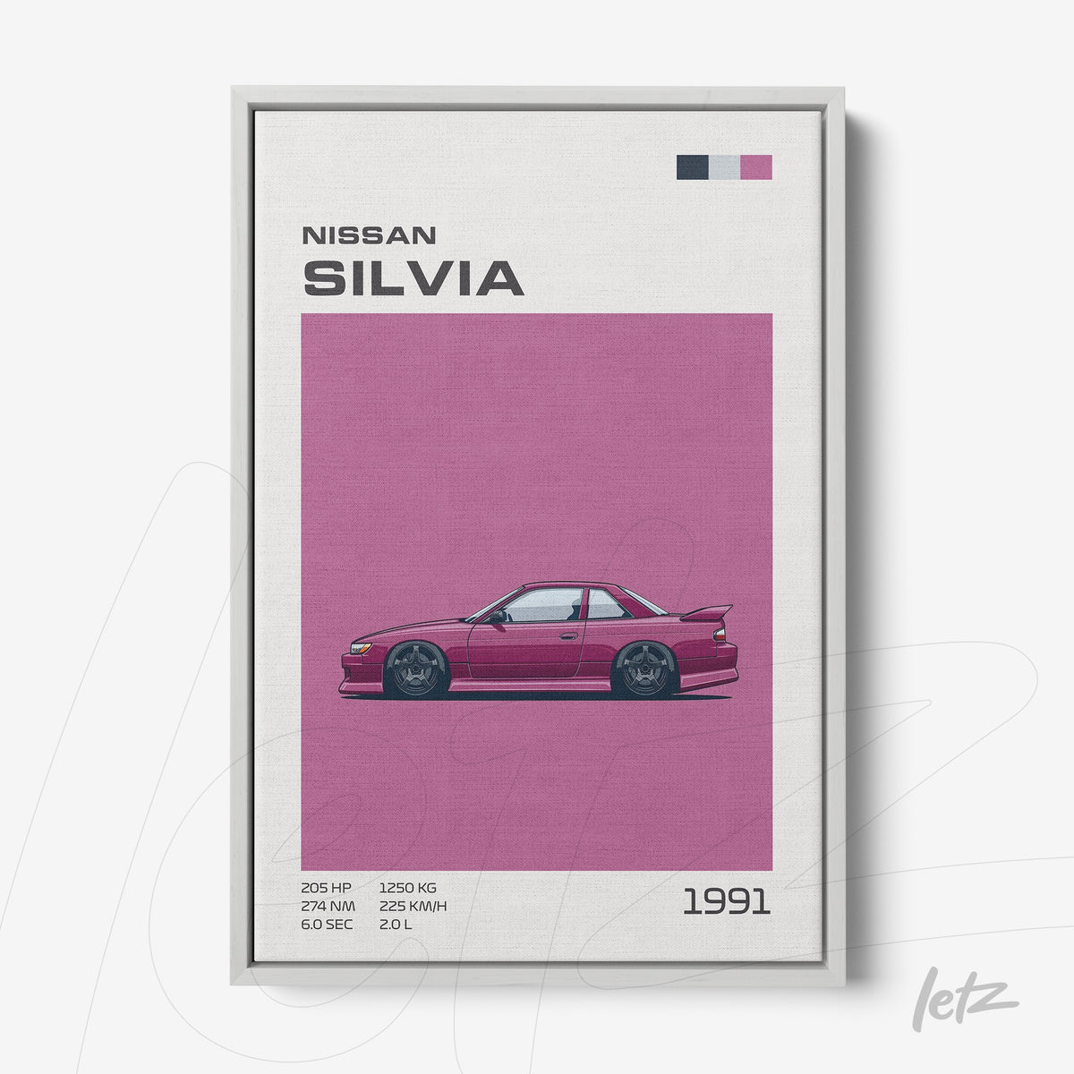 quadro em canvas do carro Nissan Silvia de 1991, com fundo rosa vibrante e detalhes gráficos minimalistas
