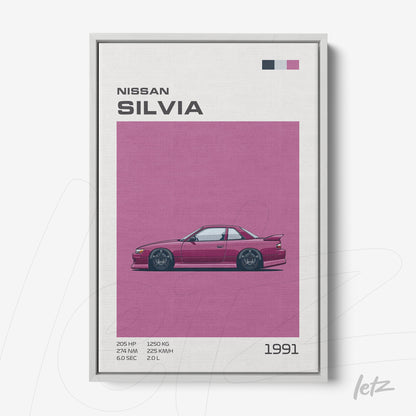 quadro em canvas do carro Nissan Silvia de 1991, com fundo rosa vibrante e detalhes gráficos minimalistas