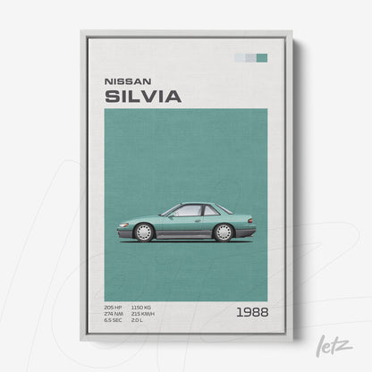 quadro com arte minimalista do carro Nissan Silvia emoldurada com moldura prateada
