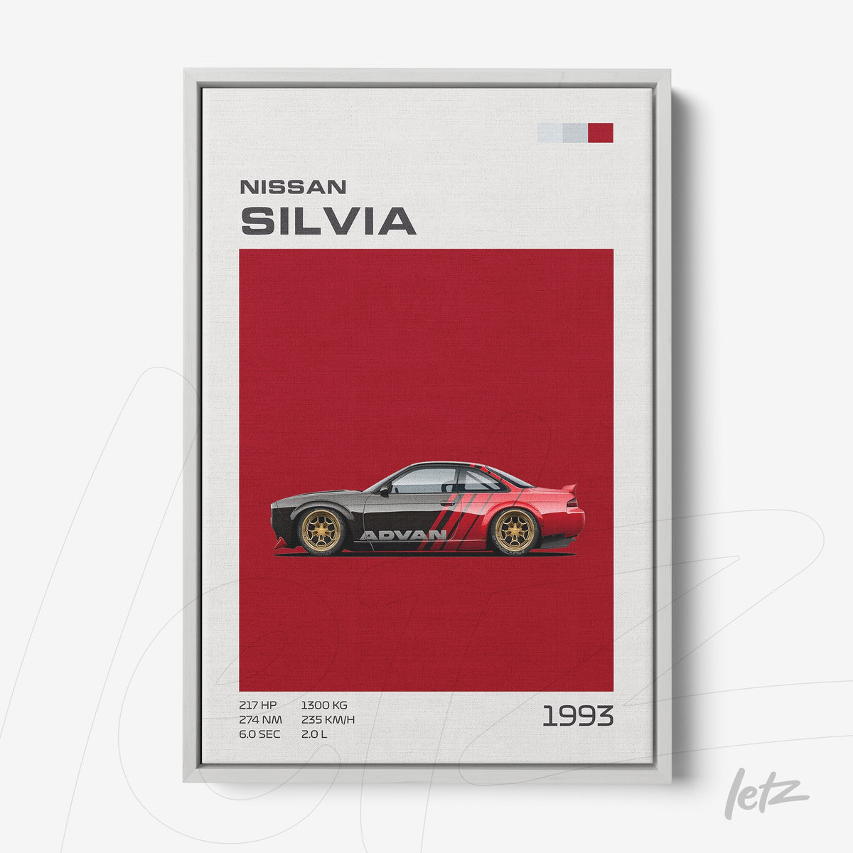 quadro com arte do carro Nissan Silvia de 1993 destacado em um fundo vermelho com detalhes gráficos
