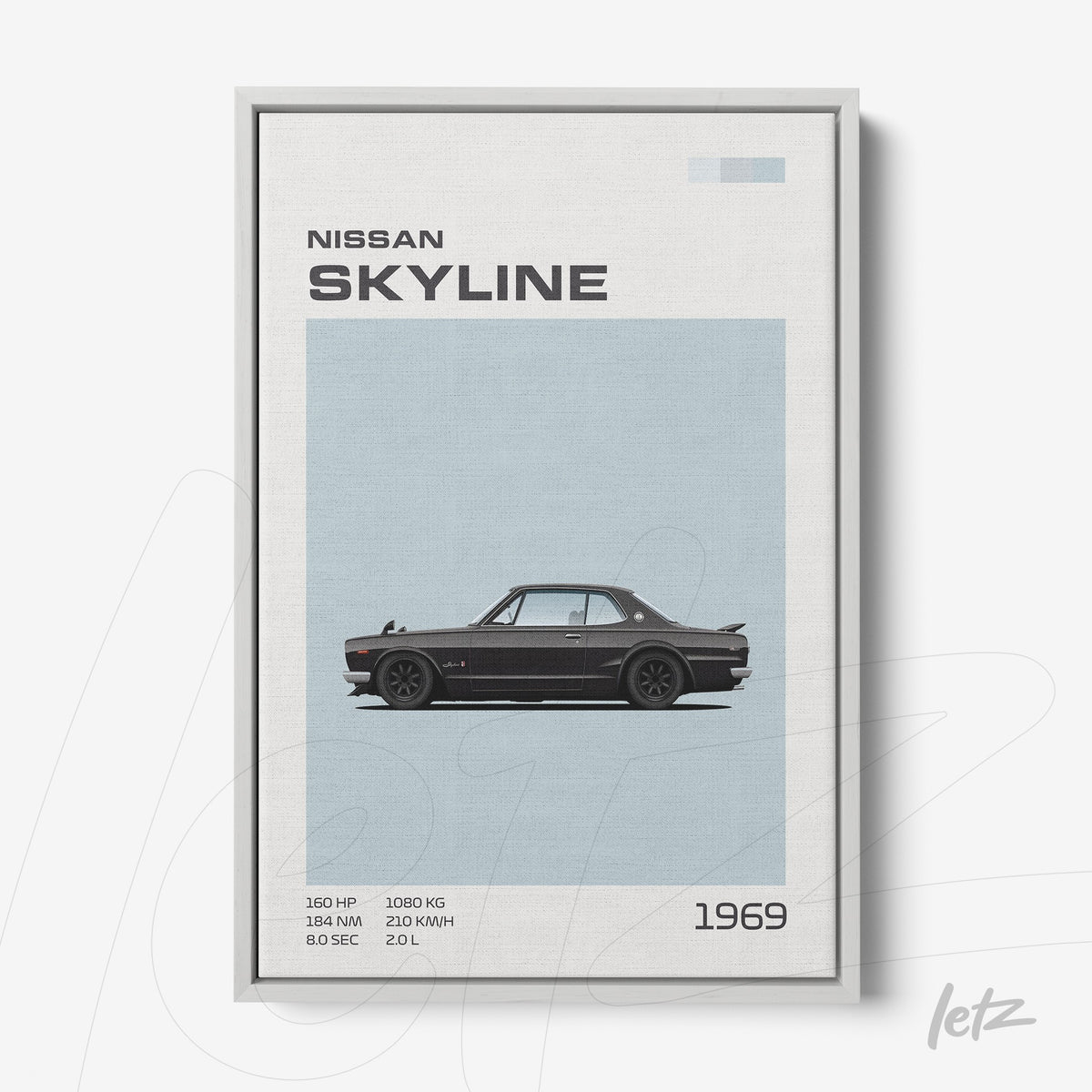 quadro com arte minimalista do carro Nissan Skyline de 1969 em moldura cinza clara