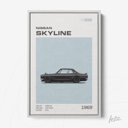quadro com arte minimalista do carro Nissan Skyline de 1969 em moldura cinza clara