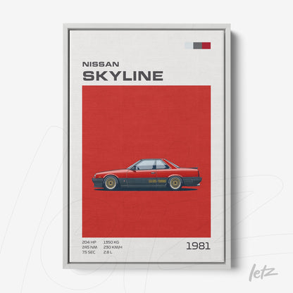quadro com arte digital do carro Nissan Skyline de 1981 em fundo vermelho