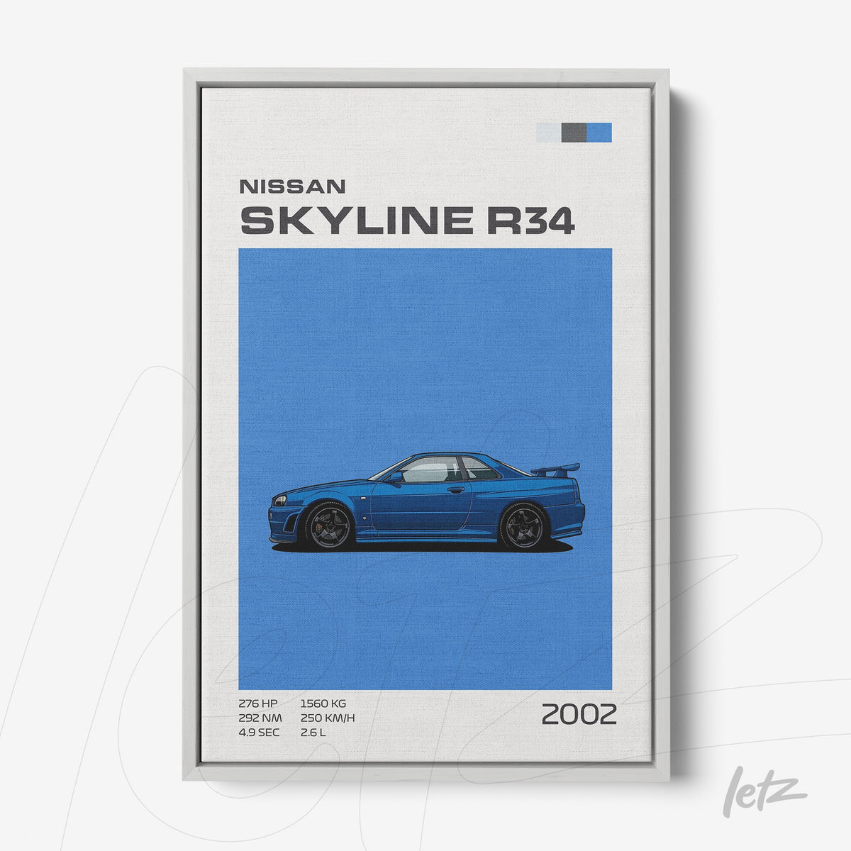 quadro com ilustração estilizada de um Nissan Skyline R34 em fundo claro, apresentando detalhes das especificações do carro