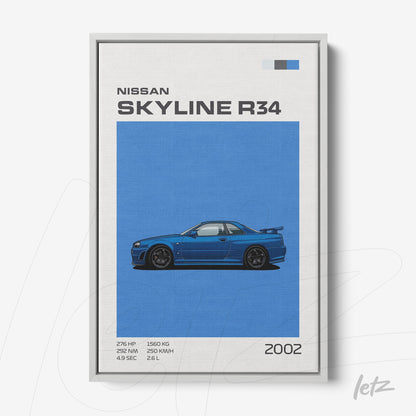 quadro com ilustração estilizada de um Nissan Skyline R34 em fundo claro, apresentando detalhes das especificações do carro