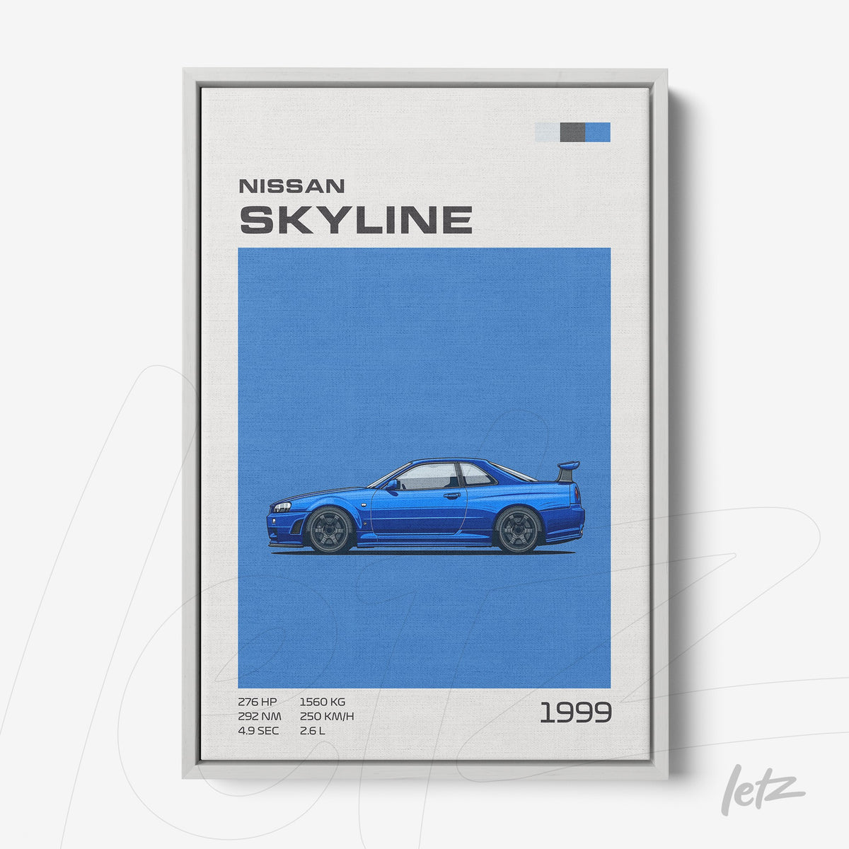 quadro com arte digital de carro Nissan Skyline 1999 em moldura cinza clara com fundo azul vibrante