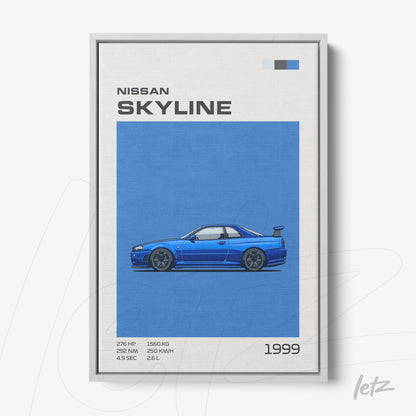 quadro com arte digital de carro Nissan Skyline 1999 em moldura cinza clara com fundo azul vibrante