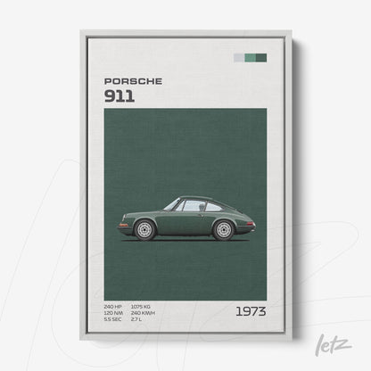 quadro com arte minimalista do carro Porsche 911 de 1973 em moldura prateada