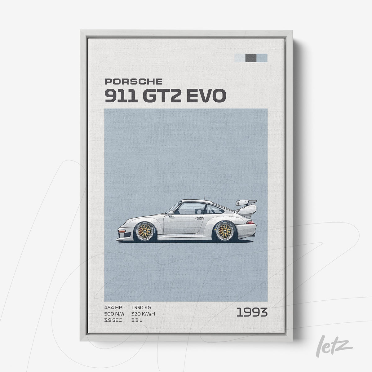 quadro emoldurado com ilustração do carro Porsche 911 GT2 Evo de 1993 em fundo azul claro