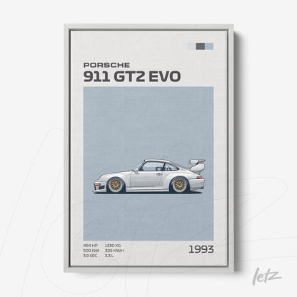 quadro emoldurado com ilustração do carro Porsche 911 GT2 Evo de 1993 em fundo azul claro