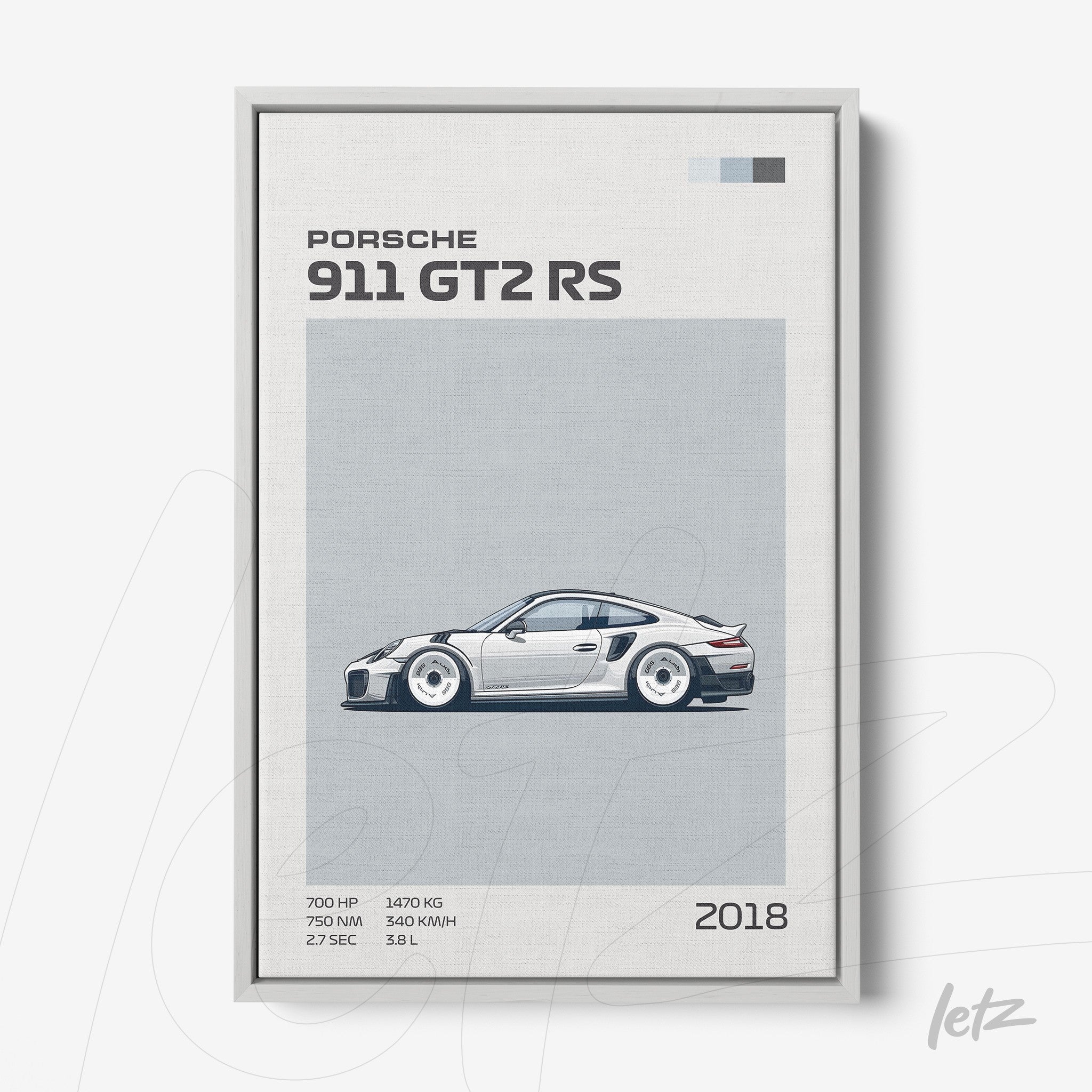 quadro com arte digital de um carro Porsche 911 GT2 RS em moldura prateada