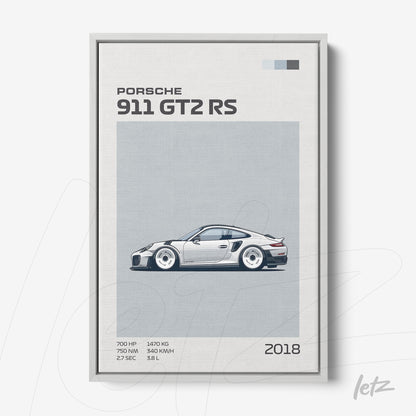 quadro com arte digital de um carro Porsche 911 GT2 RS em moldura prateada