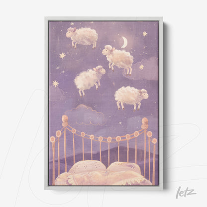 quadro com ilustração de ovelhas flutuando sobre uma cama em um céu estrelado de fundo roxo