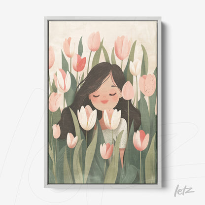 quadro com ilustração de uma mulher cheirando flores em um campo de tulipas rosa e brancas, com moldura cinza