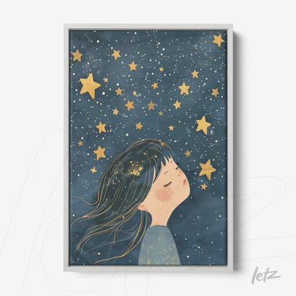 quadro com ilustração de menina sonhadora sob um céu estrelado em moldura cinza clara