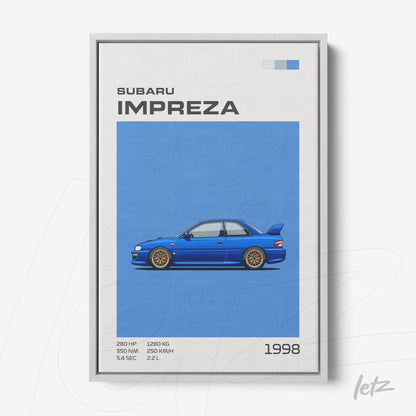 quadro com ilustração em estilo retrô de um Subaru Impreza 1998 em fundo azul claro com moldura branca
