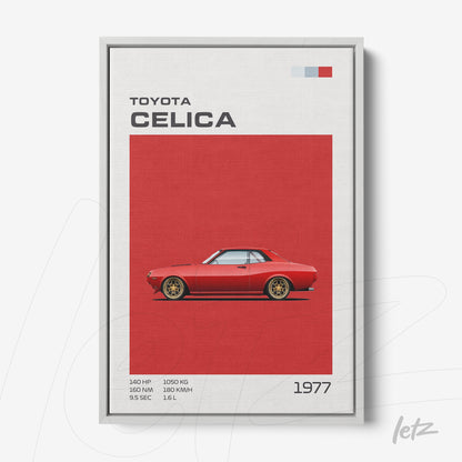 quadro em moldura cinza apresentando ilustração do carro Toyota Celica de 1977 em fundo vermelho