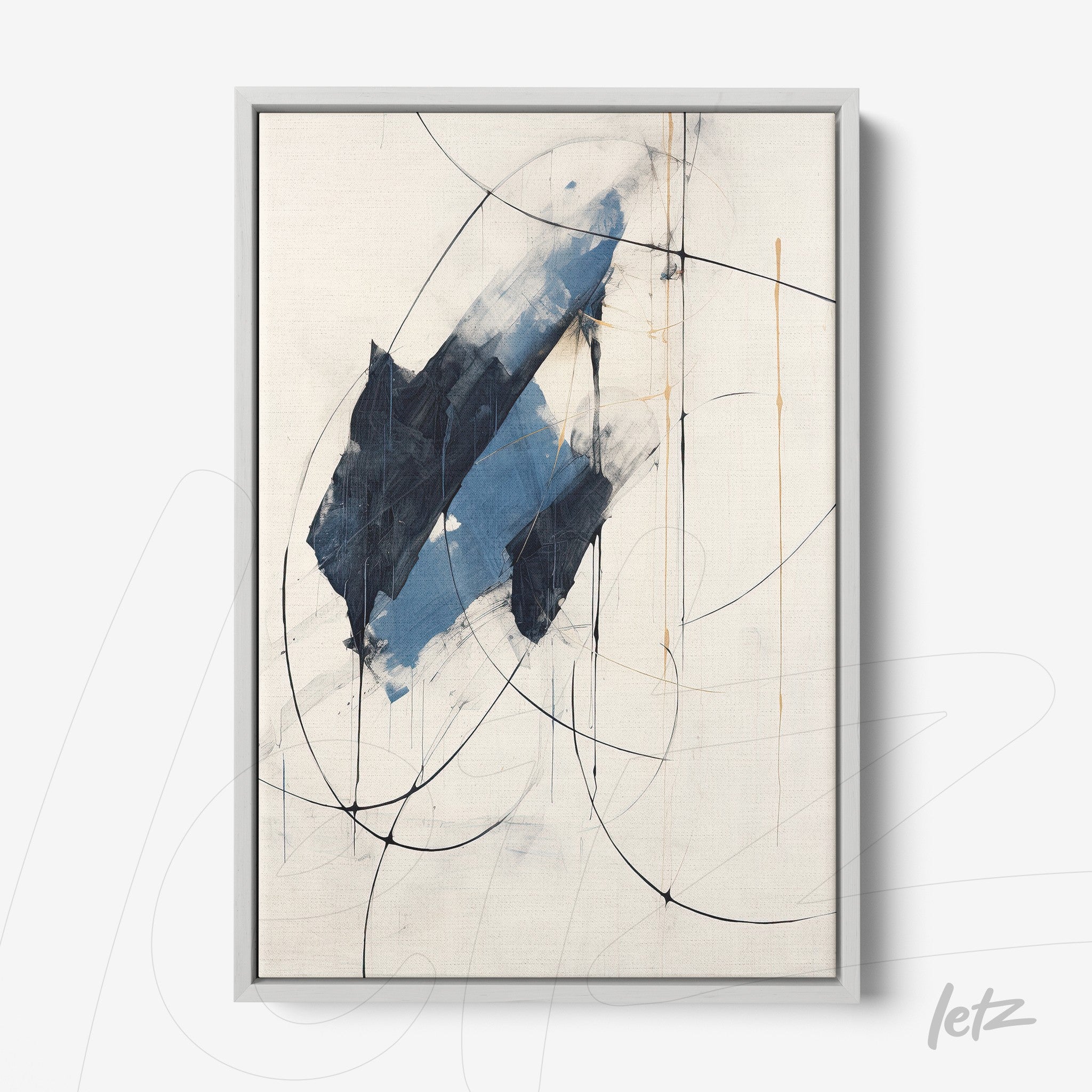 quadro com arte abstrata em tons de azul sobre fundo claro, moldura prata