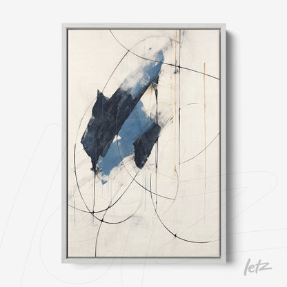 quadro com arte abstrata em tons de azul sobre fundo claro, moldura prata