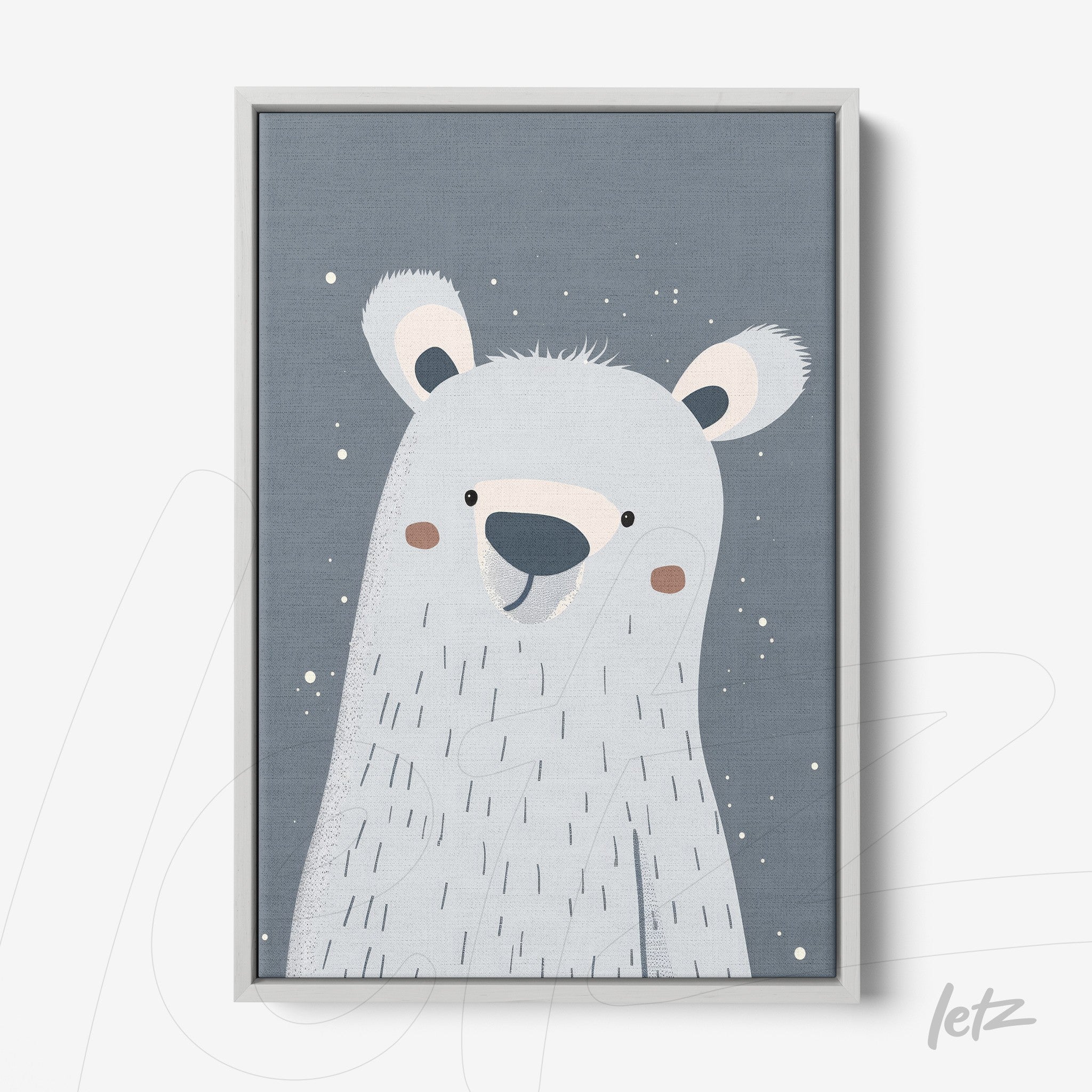 quadro com ilustração de urso polar em fundo azul acinzentado com moldura branca