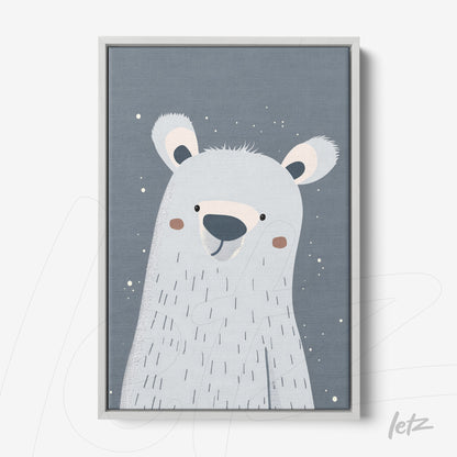 quadro com ilustração de urso polar em fundo azul acinzentado com moldura branca