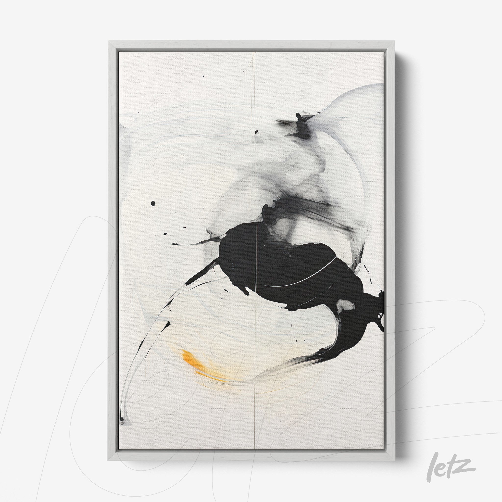 quadro moderno com pintura abstrata em tons de preto e amarelo, moldura prata