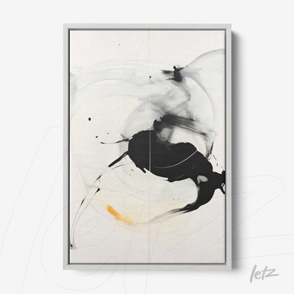 quadro moderno com pintura abstrata em tons de preto e amarelo, moldura prata