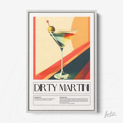 quadro com arte digital retrô de um drink martini sujo em moldura cinza