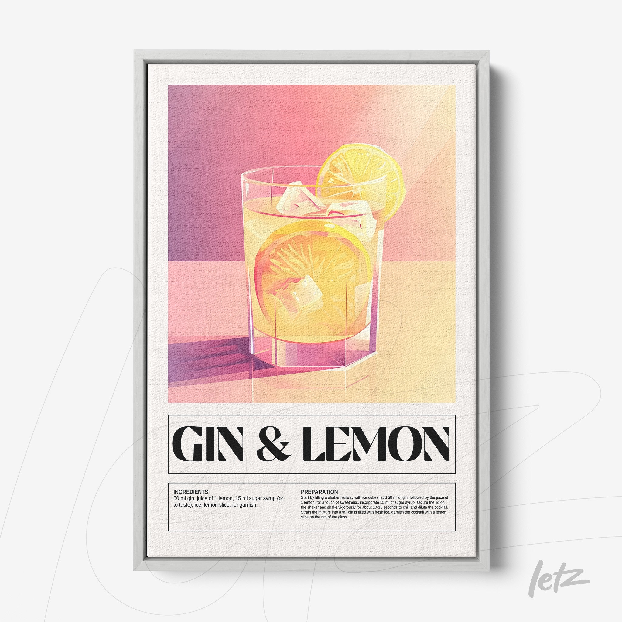 quadro com arte gráfica de drink gin com limão em moldura prateada