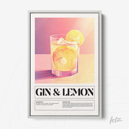 quadro com arte gráfica de drink gin com limão em moldura prateada