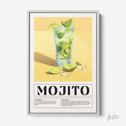 quadro com arte de drink mojito em moldura clara, sobre fundo amarelo, com limões e gelo em destaque