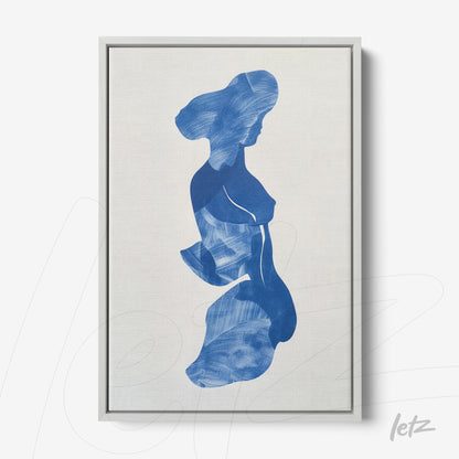 quadro com arte abstrata em tons de azul retratando a silhueta de uma mulher, com moldura prata