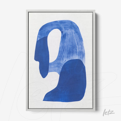 quadro moderno com arte abstrata em tons de azul sobre fundo branco e moldura prateada