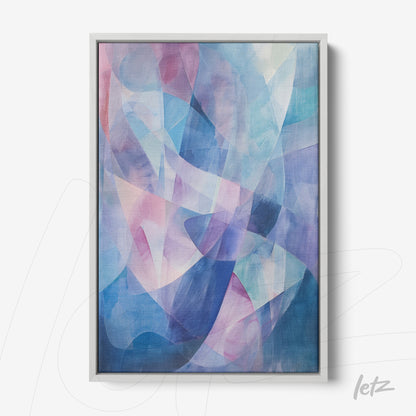 quadro abstrato com formas fluidas em tons de azul, rosa e lilás, em moldura clara