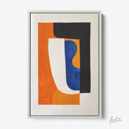 quadro com arte abstrata em cores vibrantes laranja, azul e preto em moldura prata