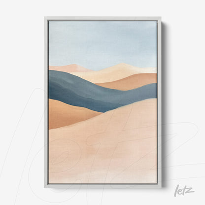 quadro com arte abstrata de paisagem em tons terrosos e azuis com moldura prata