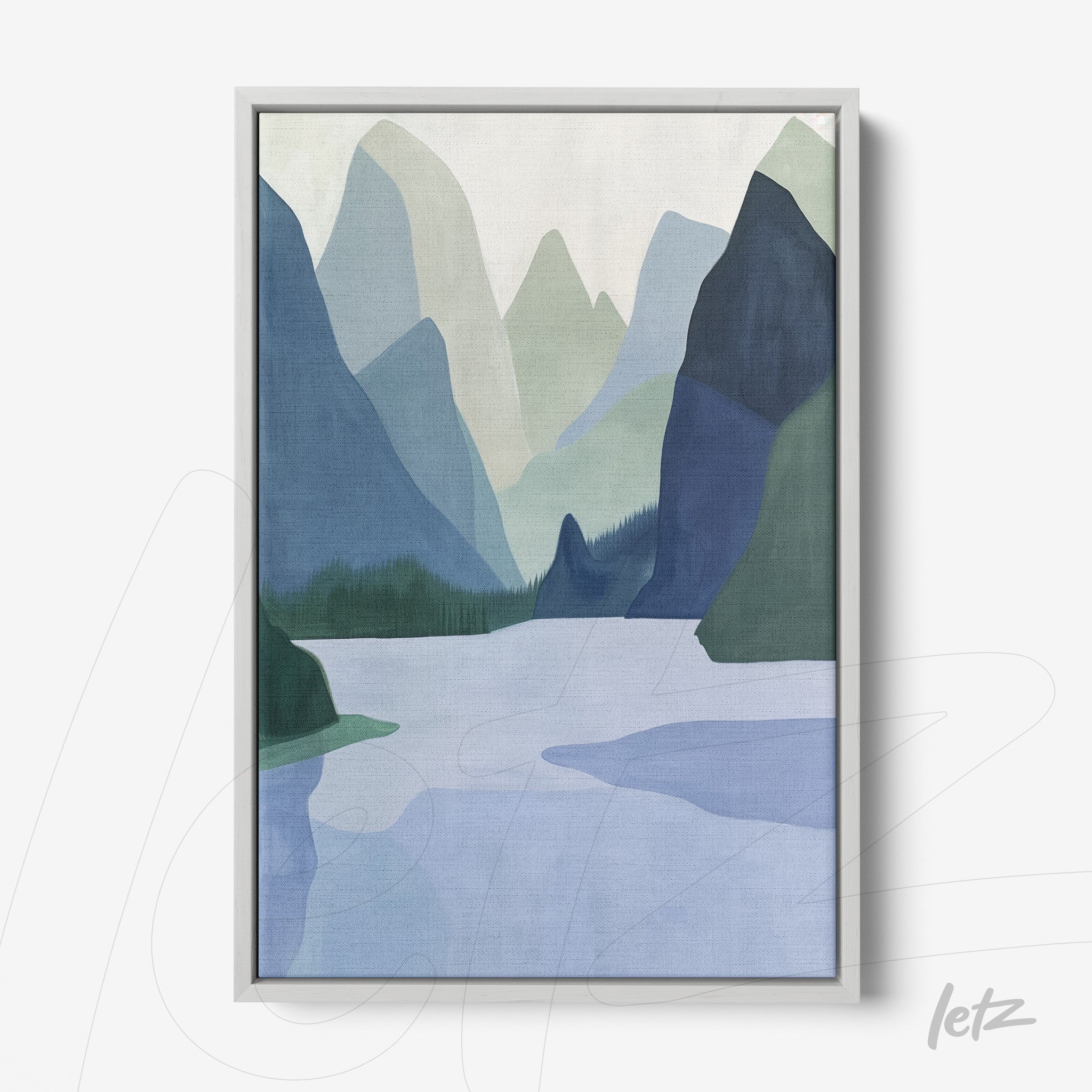 quadro com arte abstrata de paisagem montanhosa em moldura prateada